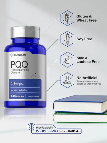 Vista 5 de Horbäach Suplemento PQQ de 40 mg 120 cápsulas Máxima fuerza Suplemento sin OMG y sin gluten Sal disódica de pirroloquinolina quinona
