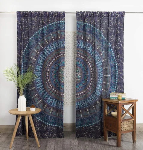 Vista 10 de Popular Handicrafts Cortinas hippie azul con mandala de camello de 100 pulgadas de largo para sala de estar o dormitorio, juego de 2 paneles
