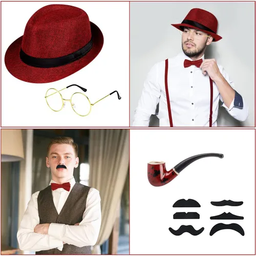 Vista 3 de WILDPARTY Disfraz de los años 20 para hombre, accesorios de disfraz de Gatsby de la mafia para hombres, gorra plana para hombre para fiesta