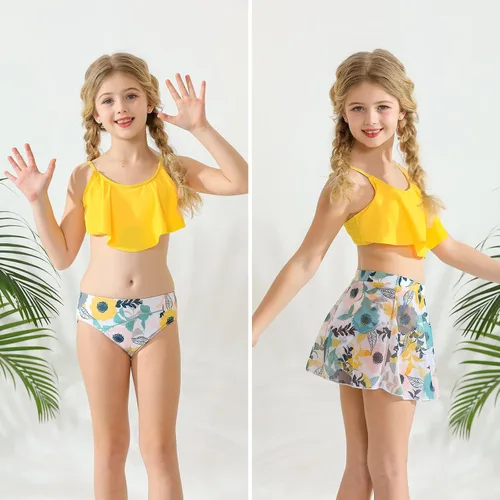 Vista 2 de Traje de baño para niñas con estampado de leopardofloralvaca, conjunto de bikini de 3 piezas con falda de playa