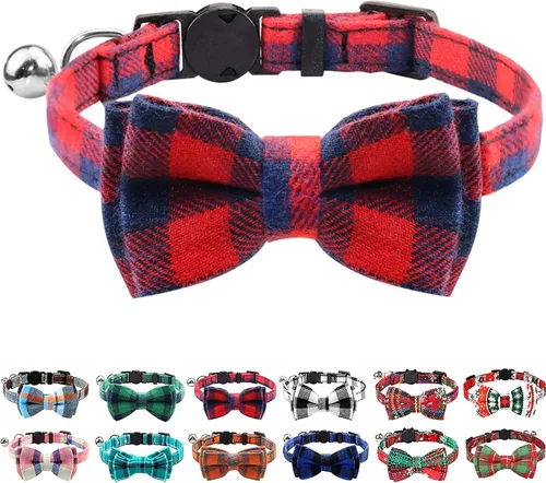 Vista 23 de Collar Joytale con corbatín y campana, lindos patrones de cuadros, 1 o 2 unidades de collares de seguridad para gato, Negro