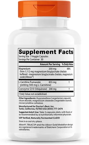 Vista 2 de Doctor's Best CoQ10 L-carnitina suplemento de magnesio – Apoyo de energía y ejercicio para hombres y mujeres, coenzima fermentada naturalmente Q10