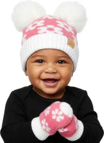 Vista 22 de Funky Junque Conjunto de gorro y mitones con doble pompón de pelo sintético para bebé – Gorro de invierno para recién nacidos de 0–9 meses