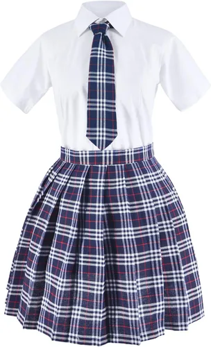 Vista 2 de Uniforme escolar japonés de tartán con falda plisada para cosplay con calcetines y set de montura de gafas Gris