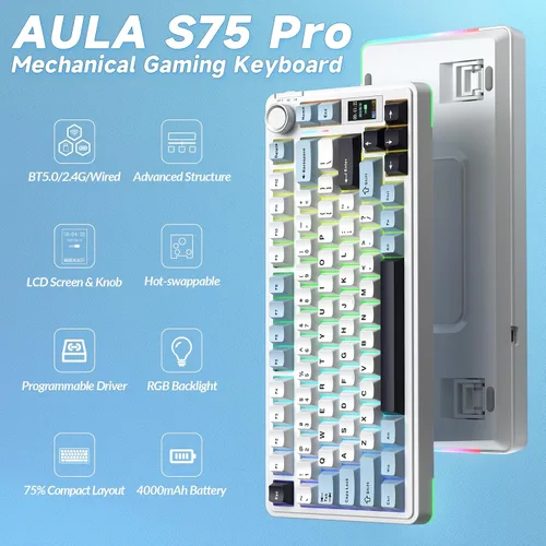 Vista 2 de AULA Teclado mecánico inalámbrico S75 PRO con pantalla y perilla, 75% teclado para juegos intercambiable en caliente con interruptores
