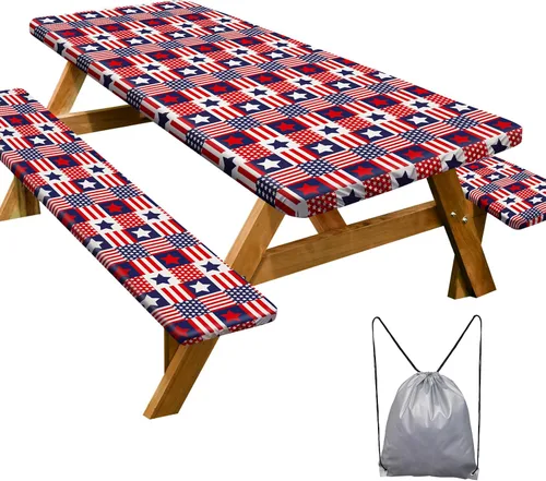 Vista 9 de Funda de mesa de picnic con fundas para bancos Esenciales de camping Mantel de picnic impermeable y a prueba de viento con bolsa de cordón, funda