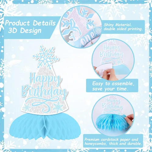 Vista 5 de Fangleland 8 centros de mesa de panal de copo de nieve azul para primer cumpleaños, 1er cumpleaños 3D decoraciones de mesa para niños de invierno