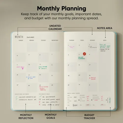 Vista 5 de Agenda 2022-2023 de productividad para el trabajo y la vida, con objetivos, agenda semanal y mensual de 12 meses sin fechas, con diario y agenda