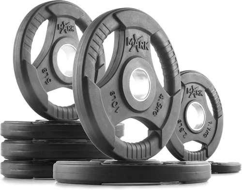 Vista 12 de XMARK TRI-GRIP - Par o juego de discos de peso olímpicos, pesas de ejercicio con revestimiento de goma para barra olímpica, juego de pesas de 01)