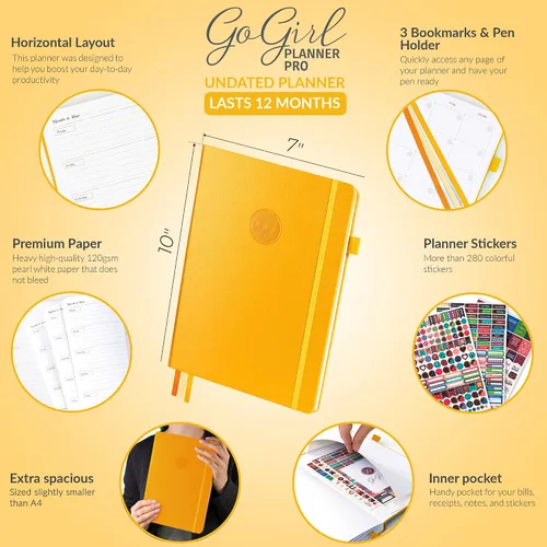 Vista 2 de GoGirl Planner Pro: Agenda semanal y organizador con diseño horizontal + páginas de seguimiento de presupuestos y gastos, diario de objetivos, sin