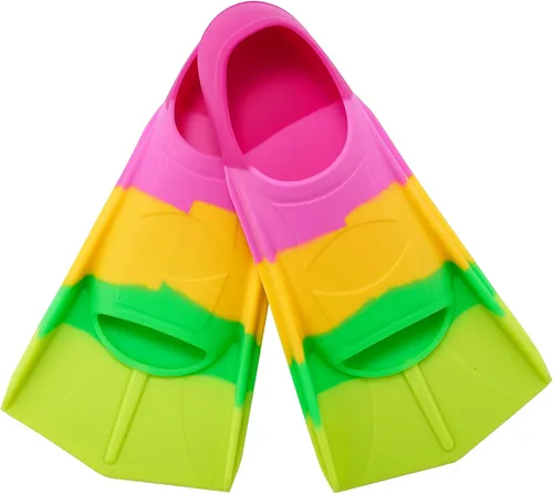 Vista 20 de Aletas de natación para niños, aletas cortas para jóvenes, aletas de entrenamiento de natación para natación de regazo, para niños y niñas Arcoíris-B