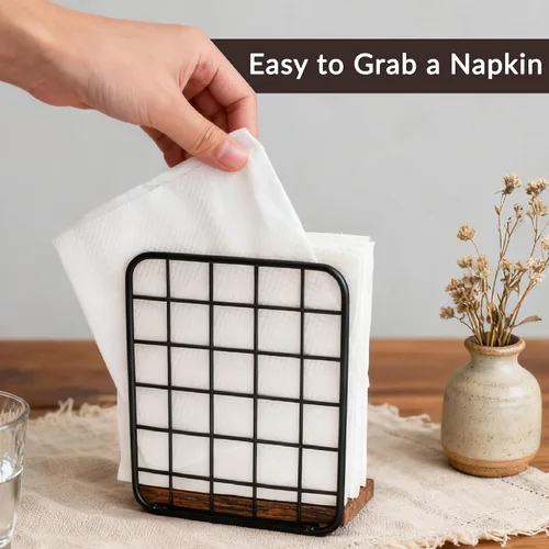 Vista 5 de Servilletero para Mesa, Porta Servilletas de Madera de Granja con Base Marrón Rústica, Dispensador de Servilletas de Pie para Encimera de Cocina