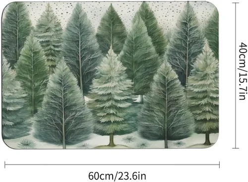 Vista 3 de Alfombra de baño de goma antideslizante de pino verde con copos de nieve, secado rápido, súper absorbente, ajuste fino debajo de la puerta, árboles