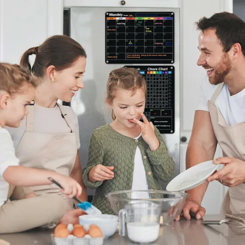 Vista 5 de Calendario acrílico magnético negro de borrado en seco para refrigerador, mensual y semanal/tabla de planificación de tareas para niños, adultos