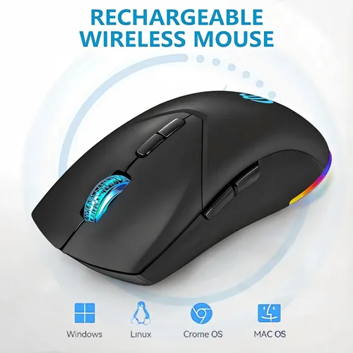 Vista 6 de Ratón inalámbrico, mouse recargable Bluetooth, modo dual BT 5.2 + 2.4G USB silencioso inalámbrico Bluetooth, diseño ergonómico RGB, mouse DPI