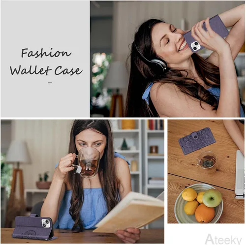 Vista 7 de Funda tipo cartera para iPhone 13 Mini, bloqueo RFID, funda protectora de piel sintética con ranura para tarjetas, bolsillo para efectivo