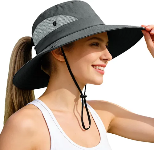 Vista 13 de Rosoz Sombreros de cola de caballo para mujer, protección UV, ala ancha 1 paquete-negro