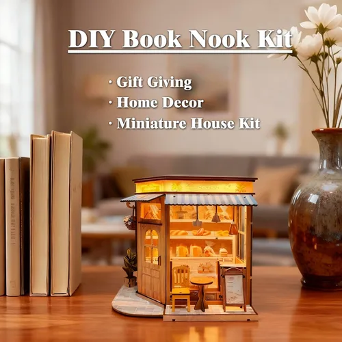 Vista 2 de Kit de bricolaje para rincón de libros en miniatura - Kit de casa de muñecas con iluminación LED para adultos y adolescentes, rincón de libros