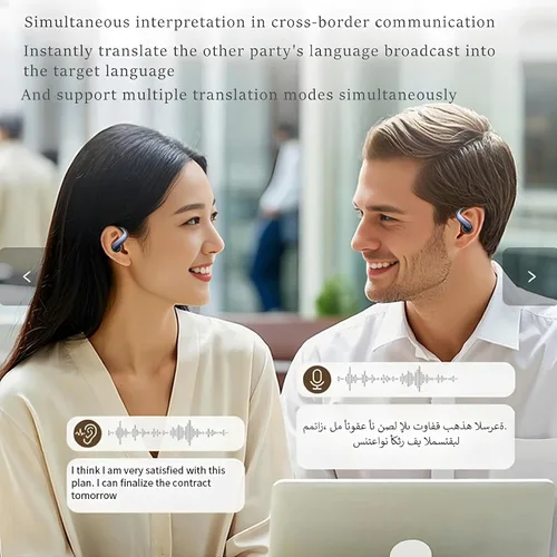 Vista 6 de Auriculares de traductor AI 4 en 1, audio de alta fidelidad, diseño de oreja abierta, 164 idiomas Latest AI Bluetooth Translation Earbuds,No Negro