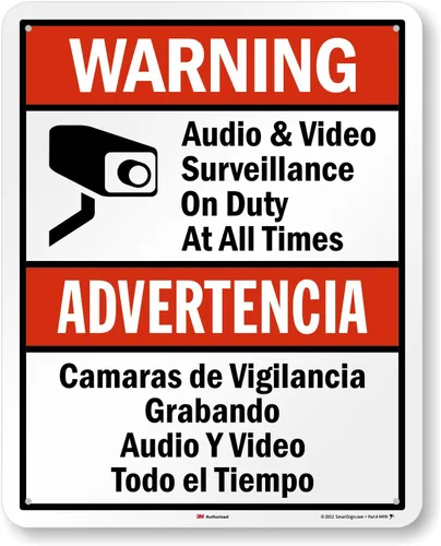 Vista 15 de SmartSign Paquete de 2 señales "Advertencia: Vigilancia de Audio y Video en Servicio en Todo Momento" Bilingüe - 7" x 10", Aluminio Metalizado