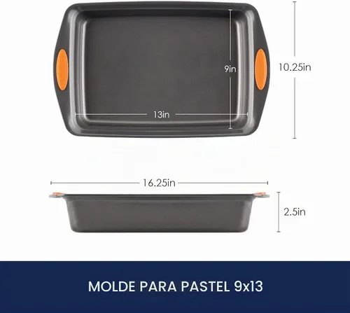 Vista 3 de Rachael Ray Yum-o! - Molde rectangular antiadherente para hornear Gris con agarres naranjas
