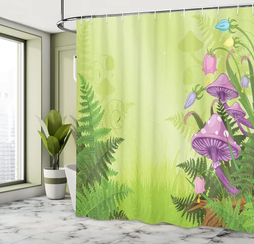 Vista 4 de Ambesonne Cortina de ducha de hongos, paisaje mágico con hongos y flores en el bosque fresco, estampado de dibujos animados, juego de decoración