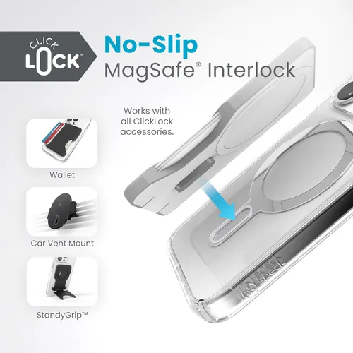 Vista 4 de Speck Funda transparente para iPhone 15 Pro – ClickLock bloqueo antideslizante sin deslizamiento, diseñada para MagSafe, protección contra caídas