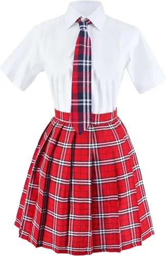 Vista 2 de Uniforme escolar japonés de tartán plisado para cosplay disfraz con calcetines gafas marco conjunto