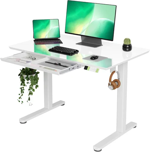 Vista 24 de INNOVAR Escritorio de pie de cristal con cajones, escritorio de pie ajustable de 32 x 19 pulgadas, escritorio de computadora de oficina en casa