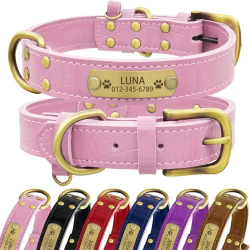 Vista 17 de Collar de perro de cuero genuino personalizado Senristar con placa de nombre grabada - Collar para perro duradero y elegante personalizado para Negro
