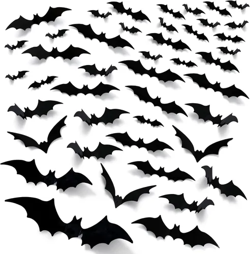 Vista 8 de Decoración de pared de murciélagos, 100 piezas 3D de murciélagos de Halloween, 6 tamaños diferentes de PVC negro adhesivo de murciélago