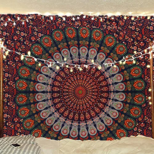 Vista 40 de Tapiz hippie indio bohemio psicodélico dorado azul pavo real mandala colgante en la pared (negro blanco, Queen (84 x 90 pulgadas) (84.6 x 90.6 in)