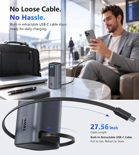 Vista 4 de Mukiya Laptop Power Bank, 20,000mAh 130W Built-in Retractable USB C Cable