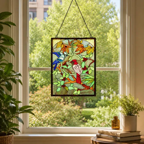 Vista 2 de BIeye W10052 Blue Jay and Cardinal on Branches Tiffany Style - Panel de vitral con cadena, forma rectangular, 18 pulgadas de ancho x 24 pulgadas