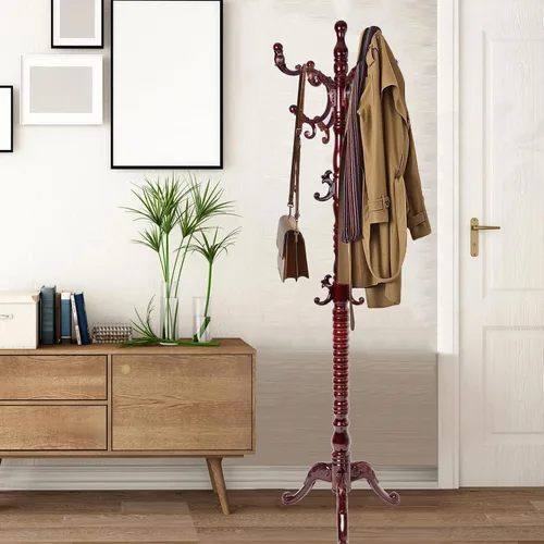 Vista 10 de Percheros independientes con 14 ganchos, soportes de madera natural para entrada, altura ajustable de 73 pulgadas, perchero de árbol para pasillo