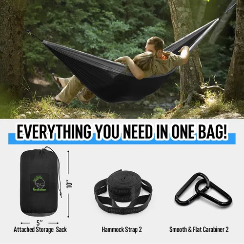 Vista 4 de Grassman Hamaca de camping doble y individual hamaca portátil con correas de árbol, hamacas de paracaídas de nailon ligero, accesorios de Negro &