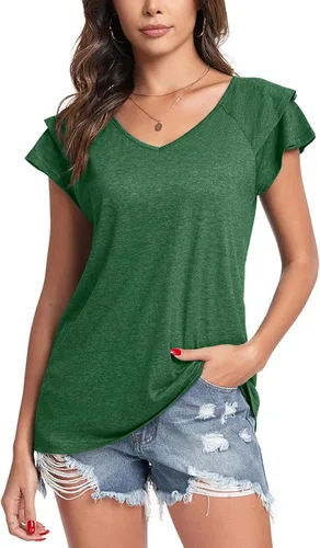 Vista 4 de Poetsky Camisas de verano para mujer, estilo casual, cuello en V, manga corta, ajuste holgado