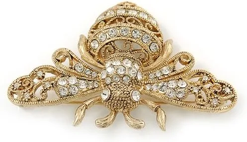 Vista 2 de Grande Bañado en Oro, vidrio Swarovski "Abeja broche de filigrana70mm ancho