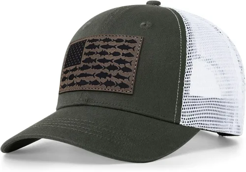Vista 26 de Sombrero de camionero con bandera de pez estadounidense, regalos de pesca para hombres, sombrero de pesca Snapback perfecto para pesca y uso diario