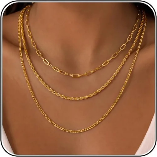 Vista 12 de Tewiky Layered Necklaces for Women Non Tarnish- Chunky 14k Gold Plated Herringbone/Snake/Rope/Box/Cuban Link Chain for Women Waterproof Layering