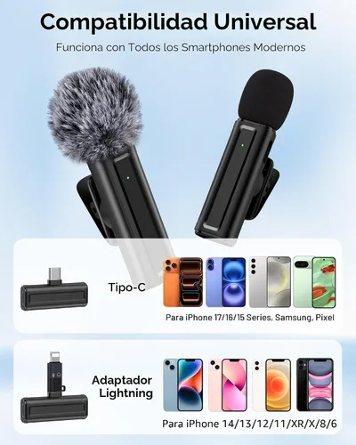 Vista 8 de Mini micrófono inalámbrico para iPhone, iPad, Android, paquete de 2 micrófonos Lavalier con clip giratorio de 360°, micrófono USB-C con reducción