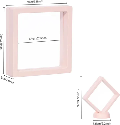 Vista 2 de Marco flotante 3D rosa, paquete de 10 unidades de 3.5 x 3.5 x 0.8 pulgadas/3.543 x 3.543 x 0.787 in, soporte para monedas con base para medallones