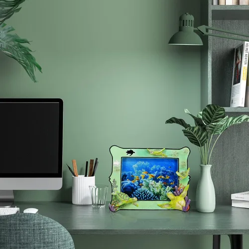 Vista 5 de Marco de fotos decorativo de resina de tortuga marina de 6 x 8 pulgadas para mesa. Decoración del hogar con diseño de tortuga marina del océano.