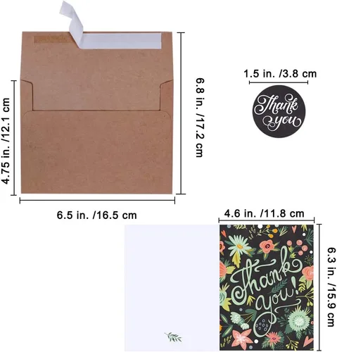 Vista 2 de 150 juegos de tarjetas de agradecimiento en blanco a granel con sobres, calcomanías, surtido de 6 diseños de caligrafía de acuarela floral, tarjetas