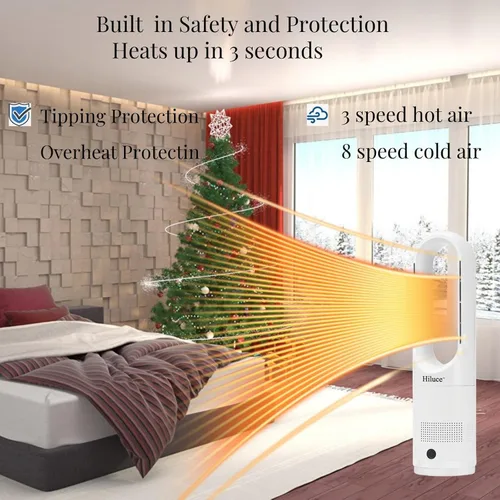 Vista 4 de Hiluce Ventilador sin aspas para todas las estaciones, combo de calentador de espacio de 1400W y ventilador de torre de 40W con control remoto