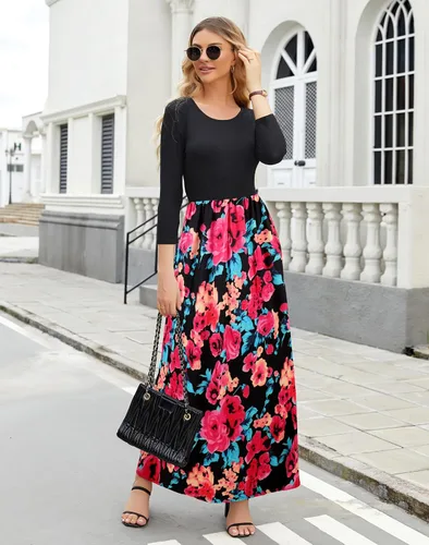 Vista 4 de Supnier Vestido largo de manga 34 para mujer, casual, estampado floral, con bolsillos