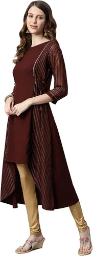 Vista 4 de Janasya Kurta de crepé polivinílico marrón indio para mujer
