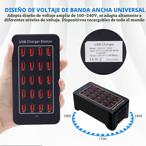 Vista 7 de Estación de carga USB de escritorio de 20 puertos - Cargador inteligente multifunción de 100 W para teléfonos inteligentes, tabletas y más