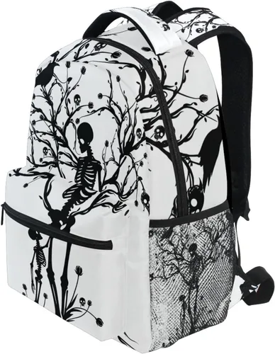 Vista 3 de Mochila negra del Día de los Muertos con patrón de calavera para adultos, mochila escolar casual, bolsa universitaria de viaje, con cremallera