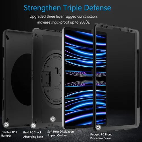Vista 3 de Miesherk Funda para iPad Pro 11 2022/2021: 4ª generación de grado militar, resistente, soporte giratorio a prueba de golpes + correa de mano/hombro